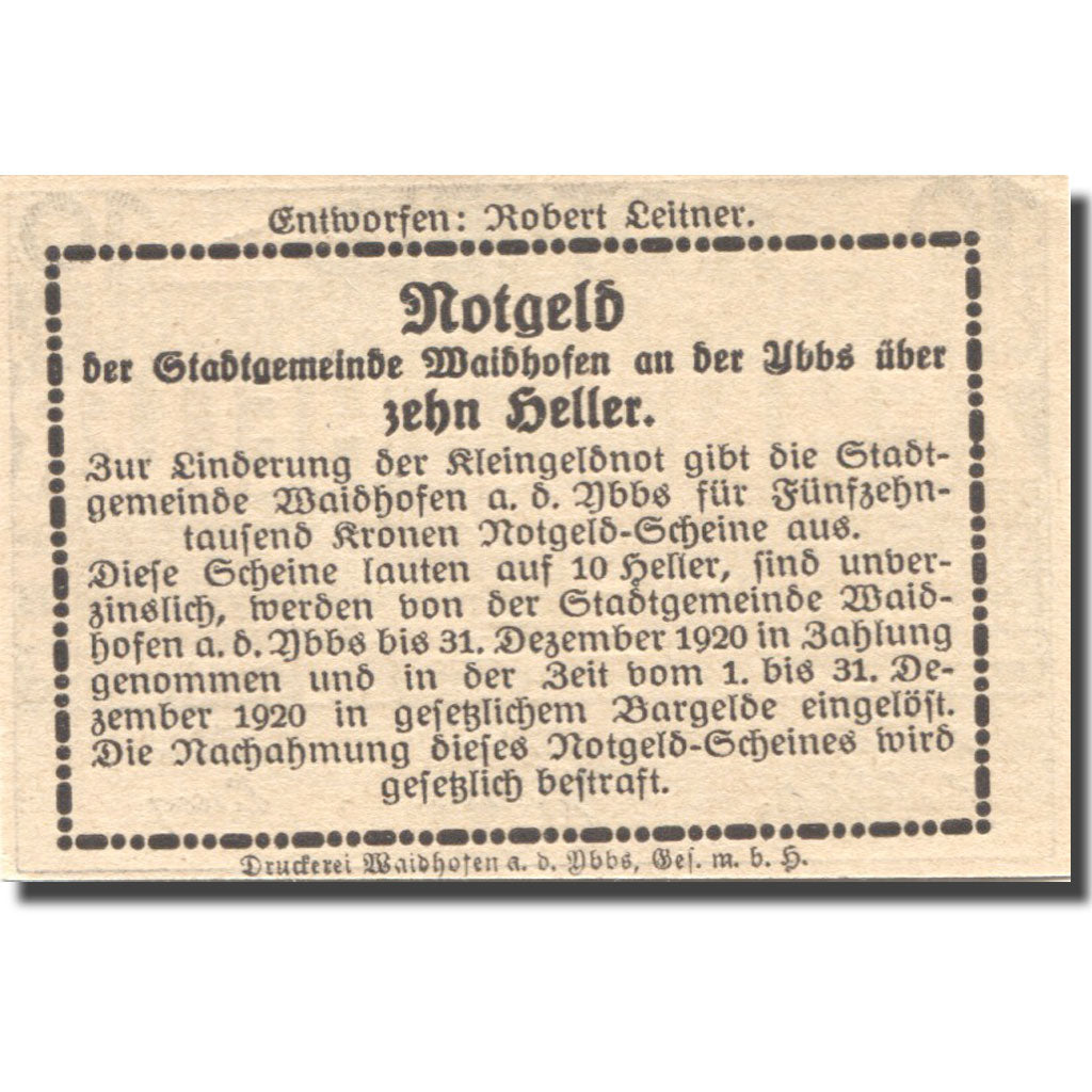Banconote, Austria, Waidhofen 10 Heller, château, 1920 SPL Mehl:FS 1127Ia