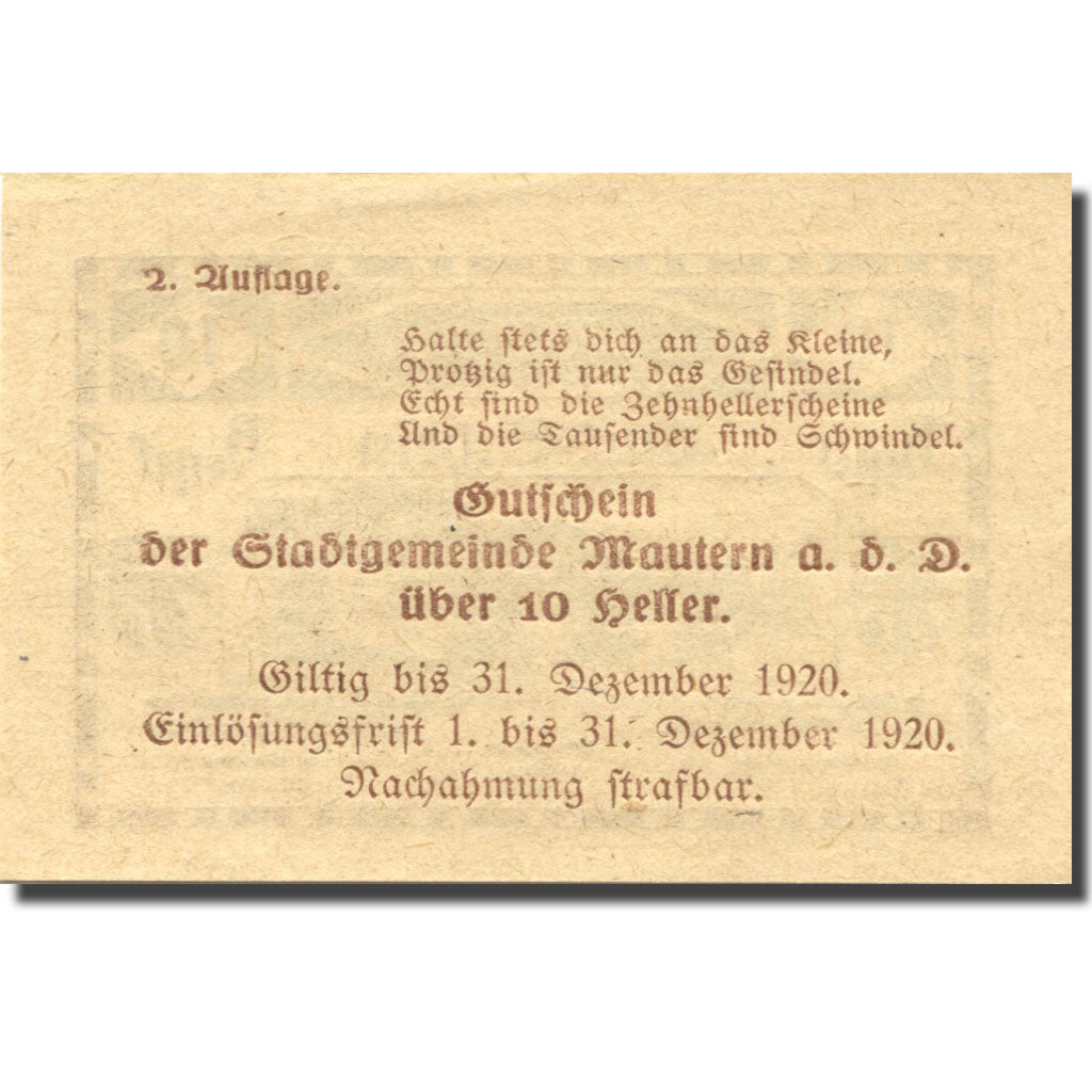 Banconote, Austria, Mautern, 10 Heller, pont 1920-12-31, SPL Mehl:FS 600IIb2