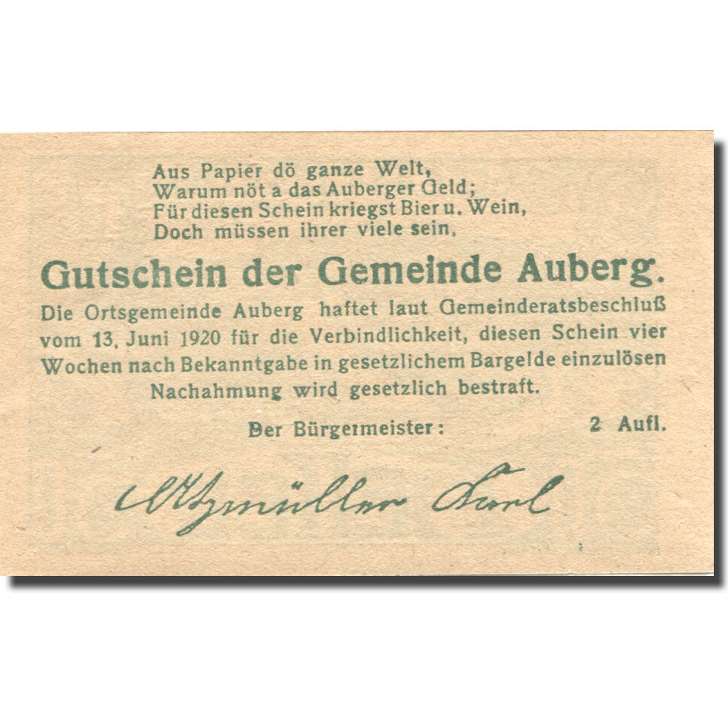 Geldschein, Österreich, Auberg, 50 Heller, village, 1920 UNZ- Mehl:FS 66bC