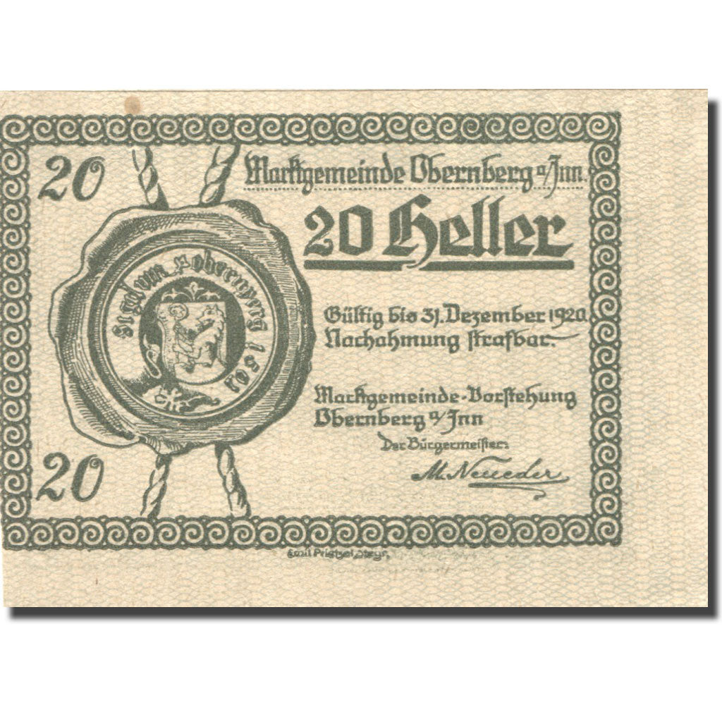 Banconote, Austria, Obernberg, 20 Heller, Blason 1920-12-31, SPL Mehl:FS 686IIa