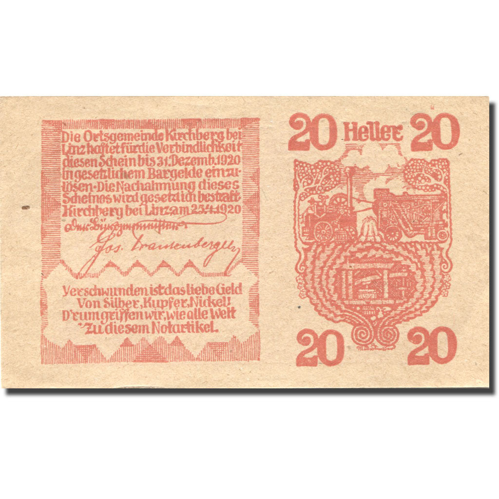 Geldschein, Österreich, Kirchberg, 20 Heller, village, 1920 UNZ- Mehl:FS 443d