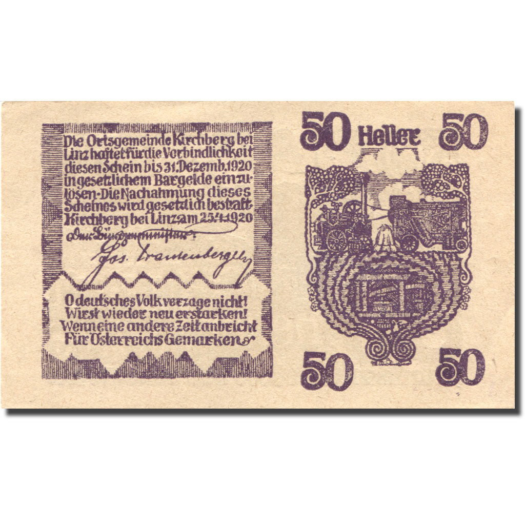 Banknote, Austria, Kirchberg, 50 Heller, paysage, 1920 UNC(63) Mehl:FS 443d