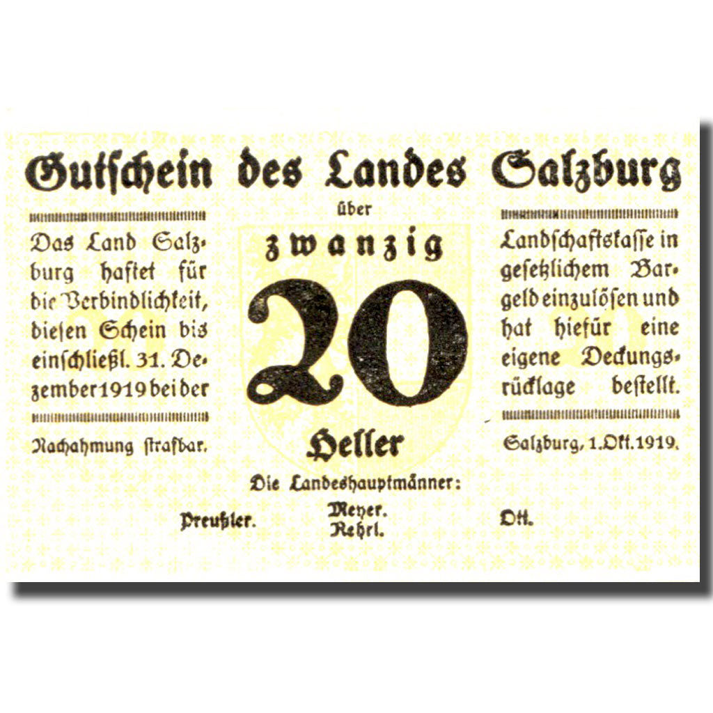 Banknote, Austria, Salzburg, 20 Heller, Blason, 1919 UNC(60-62) Mehl:FS 860I