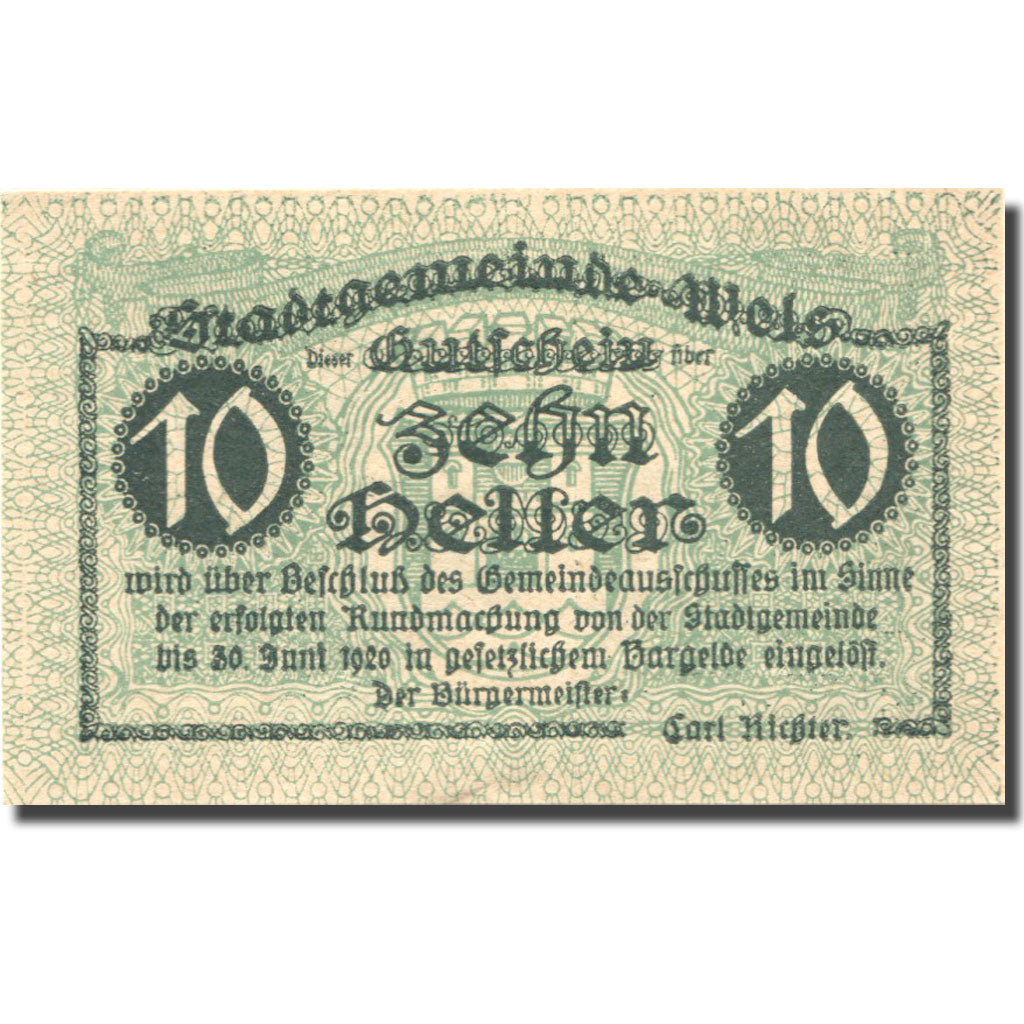 Nota, Áustria, Wels, 10 Heller, Blason 1920-06-30, UNC(63) Mehl:FS 1167Ia