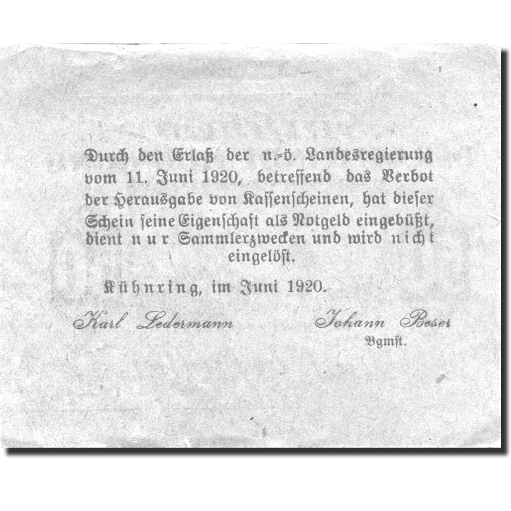 Billet, Autriche, Kuhnring, 50 Heller, cimetière, 1920 SUP Mehl:FS 489