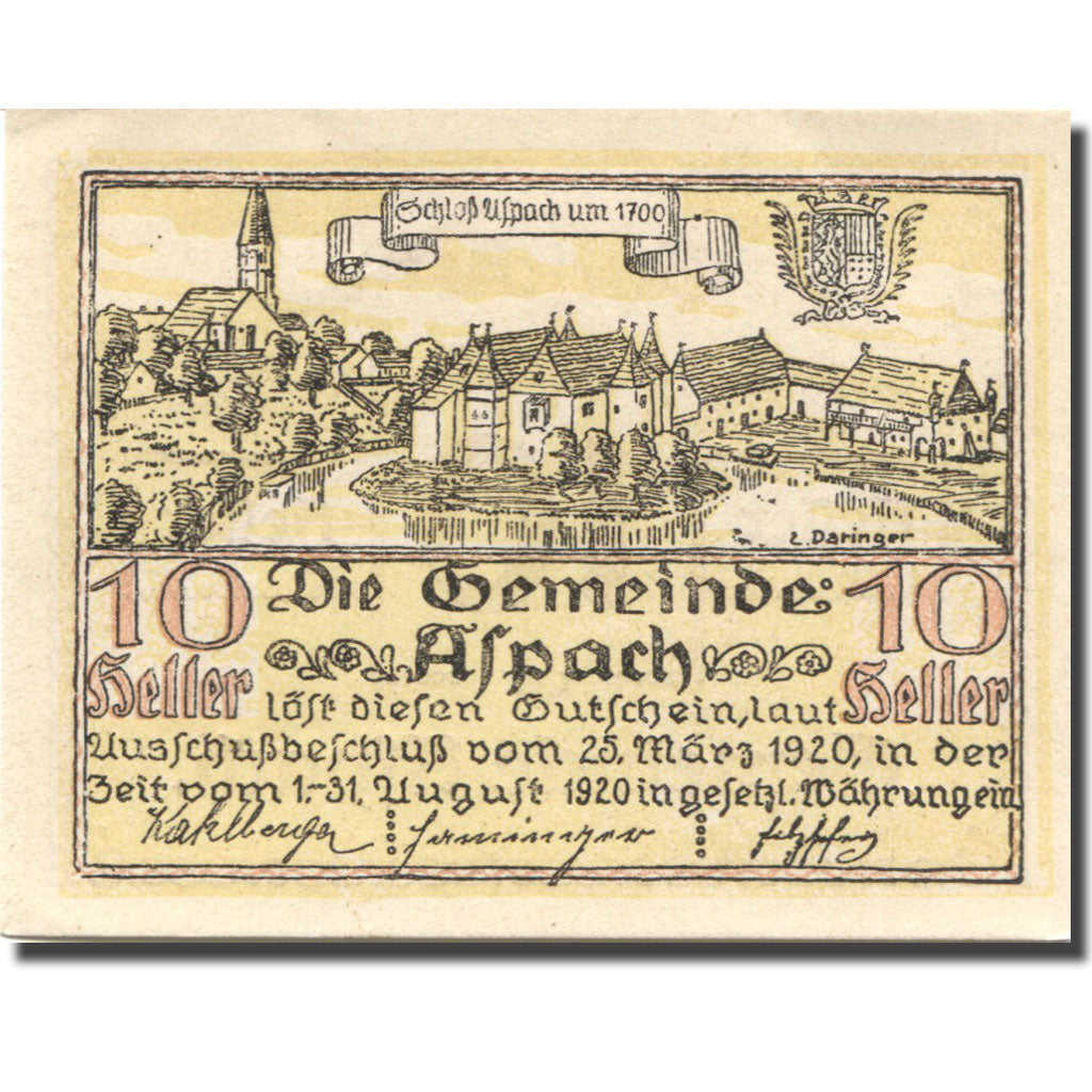 Banknote, Austria, Aspach, 10 Heller, château, 1920 UNC(63) Mehl:FS 57c