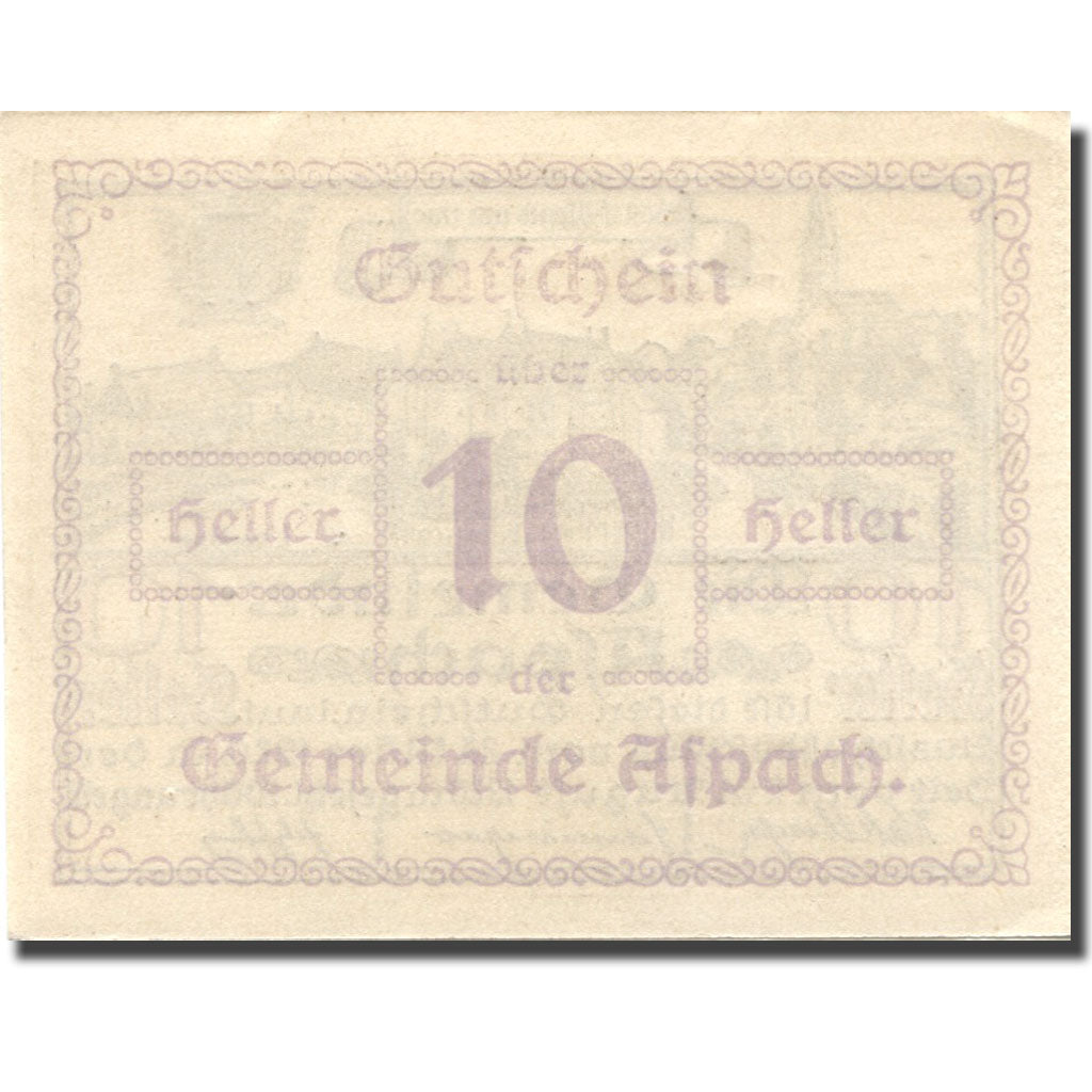 Banknote, Austria, Aspach, 10 Heller, château, 1920 UNC(63) Mehl:FS 57c