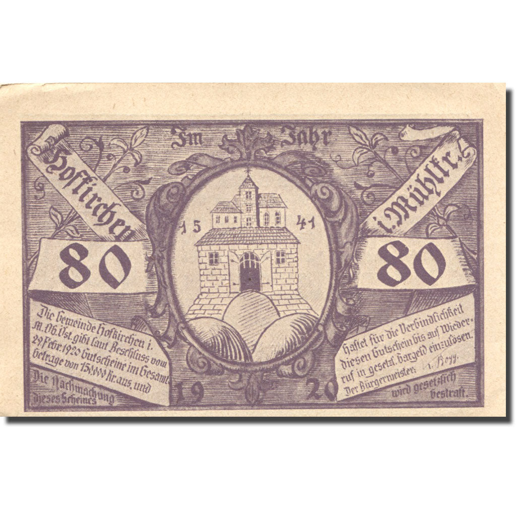 Geldschein, Österreich, Hofkirchen, 80 Heller, château, 1920 UNZ Mehl:FS 386Ic