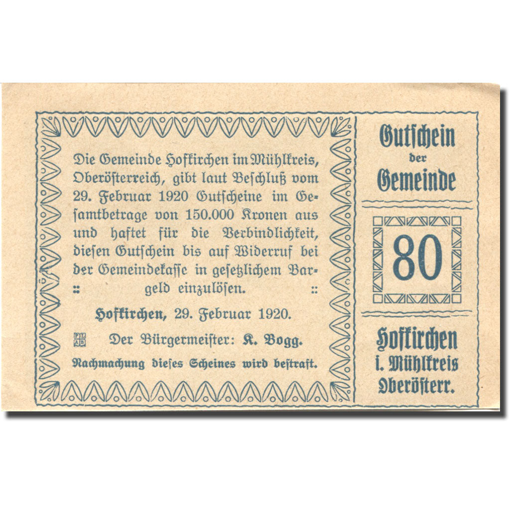 Geldschein, Österreich, Hofkirchen, 80 Heller, château, 1920 UNZ Mehl:FS 386Ic