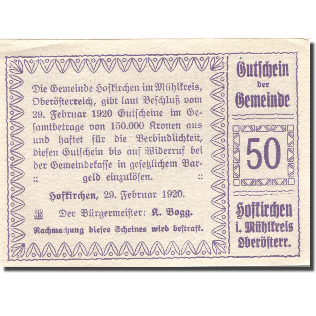Banknote, Austria, Hofkirchen, 50 Heller, Eglise, 1920 UNC(63) Mehl:FS 386Ic