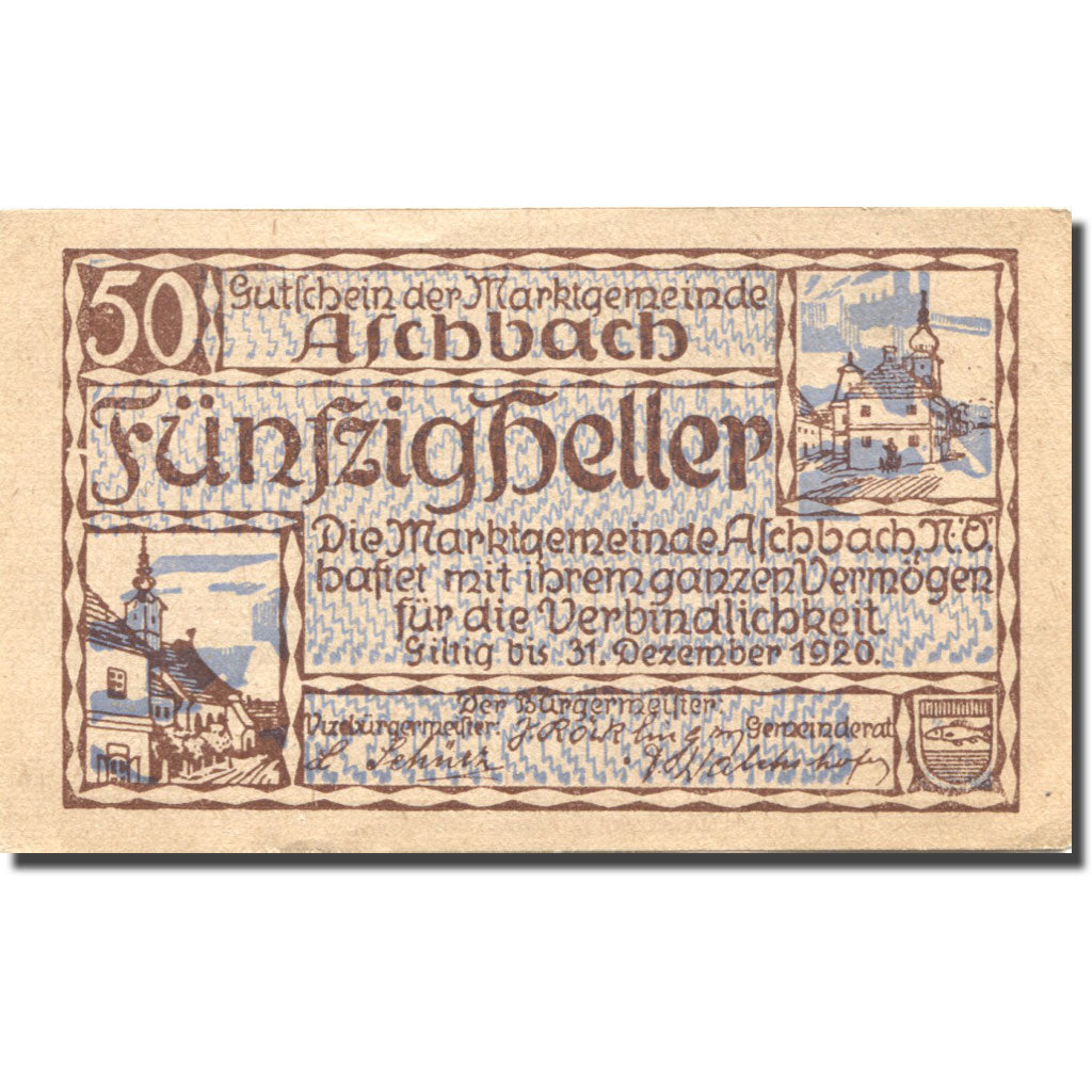 Banconote, Austria, Aschbach, 50 Heller, village 1920-12-31, SPL, Mehl:FS 55a