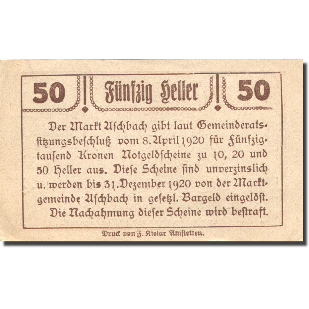 Banconote, Austria, Aschbach, 50 Heller, village 1920-12-31, SPL, Mehl:FS 55a