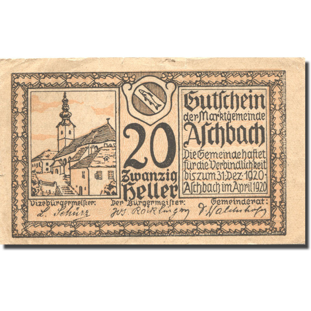 Billet, Autriche, Aschbach, 20 Heller, Eglise 1920-12-31, SUP, Mehl:FS 55a