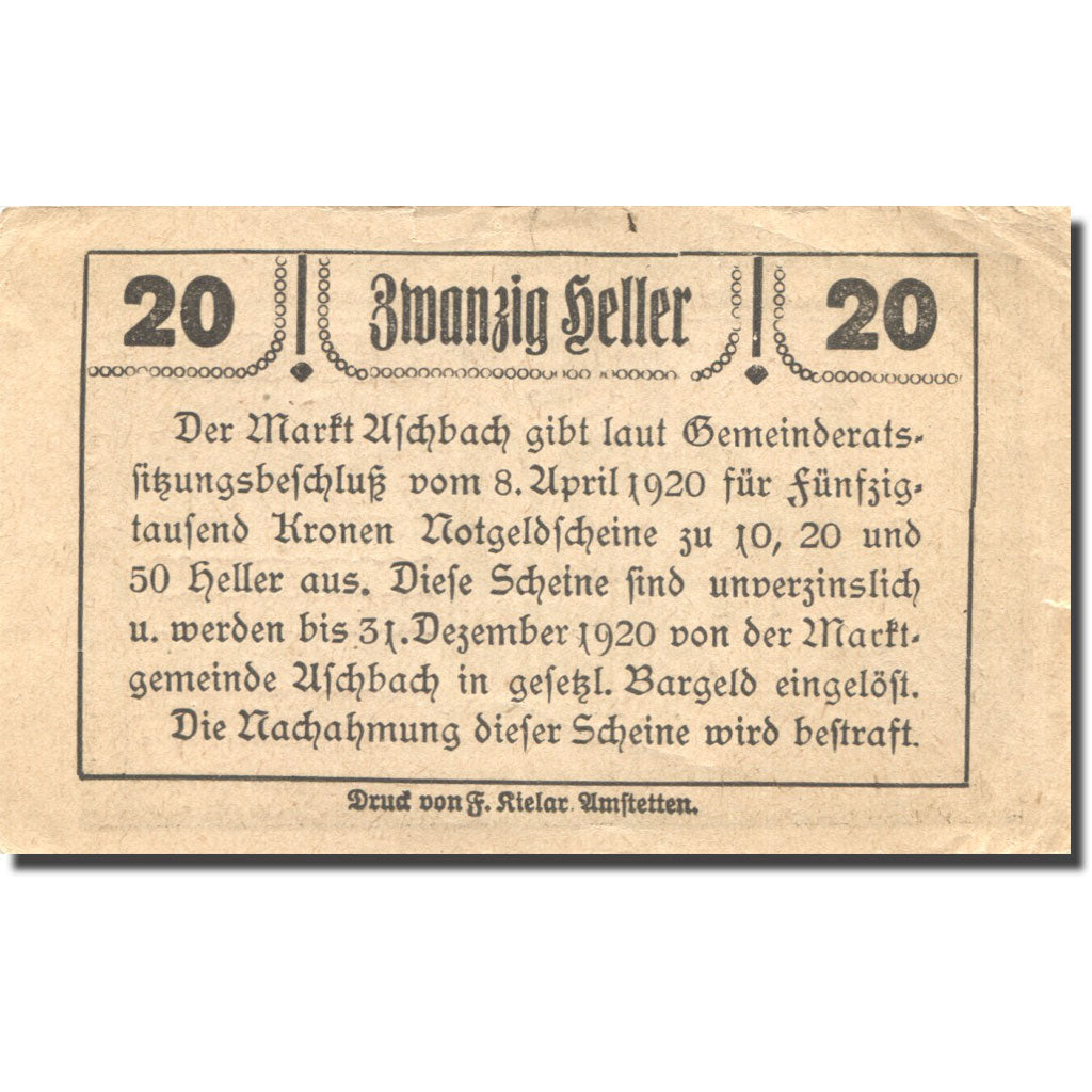 Billet, Autriche, Aschbach, 20 Heller, Eglise 1920-12-31, SUP, Mehl:FS 55a