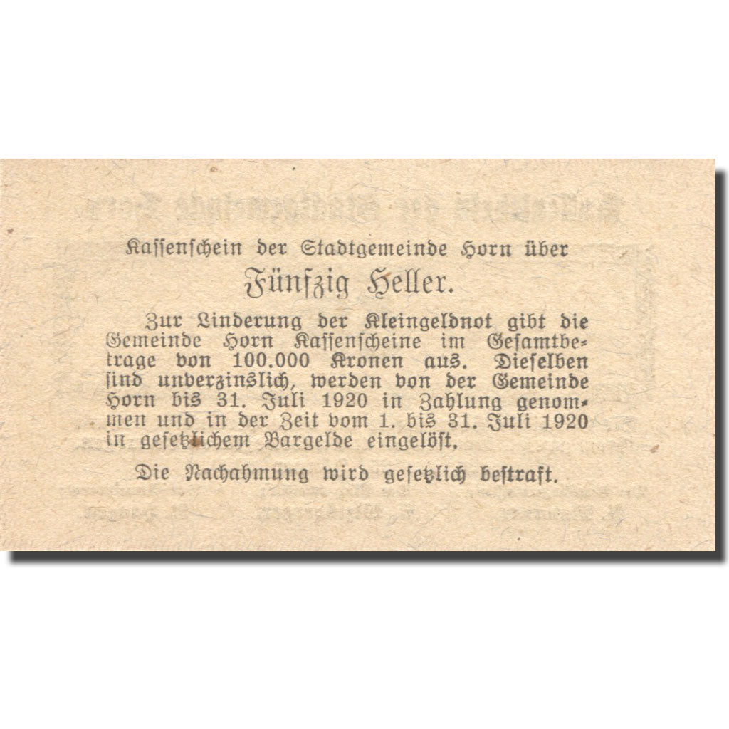 Banconote, Austria, Horn, 50 Heller, valeur faciale, 1920 SPL Mehl:FS 397Ib4