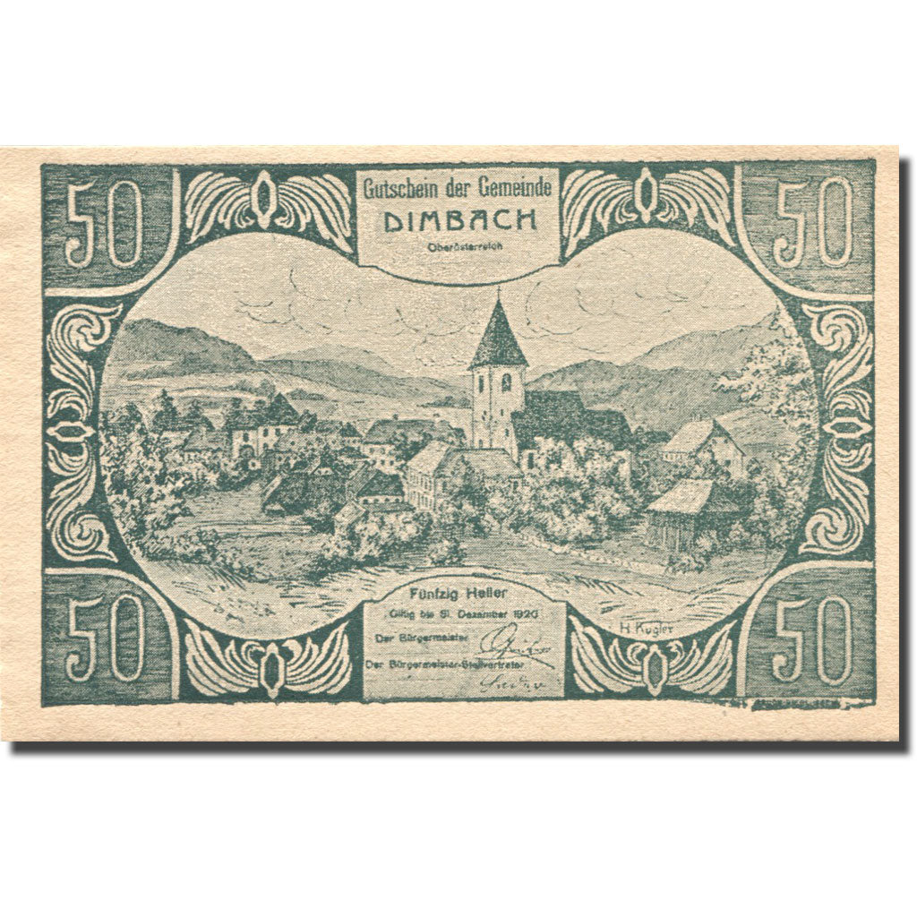 Banconote, Austria, Dimbach, 50 Heller, paysage, 1920 SPL, Mehl:FS 125a