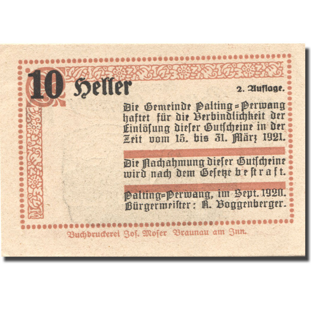 Banconote, Austria, Palting-Perwang, 10 Heller, village, 1921 SPL Mehl:FS 720b1