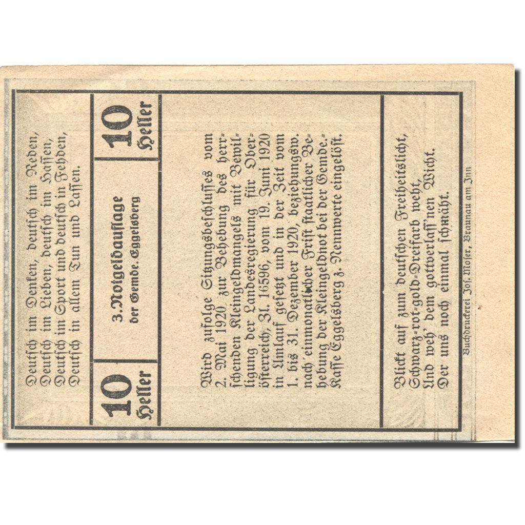 Banconote, Austria, Eggelsberg, 10 Heller, Eglise 1, 1920 SPL Mehl:FS 160IIa