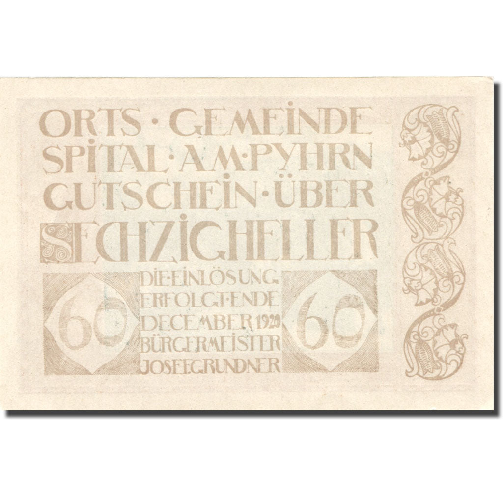 Banknot, Austria, Spital am Pyhrn, 60 Heller, montagne, 1920, Undated, UNC(63)