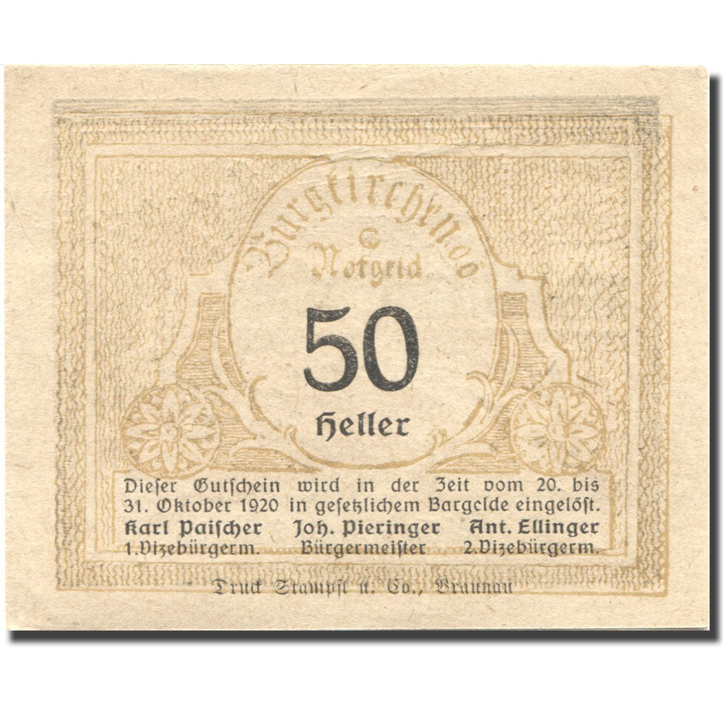 Banconote, Austria, Burgkirchen, 50 Heller, paysage, 1920 SPL Mehl:FS 115b