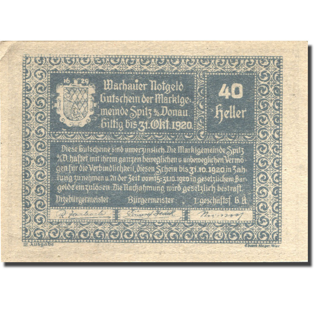 Banconote, Austria, Spitz a/d Donau, 50 Heller, ferme, 1920 SPL Mehl:FS 1122.12