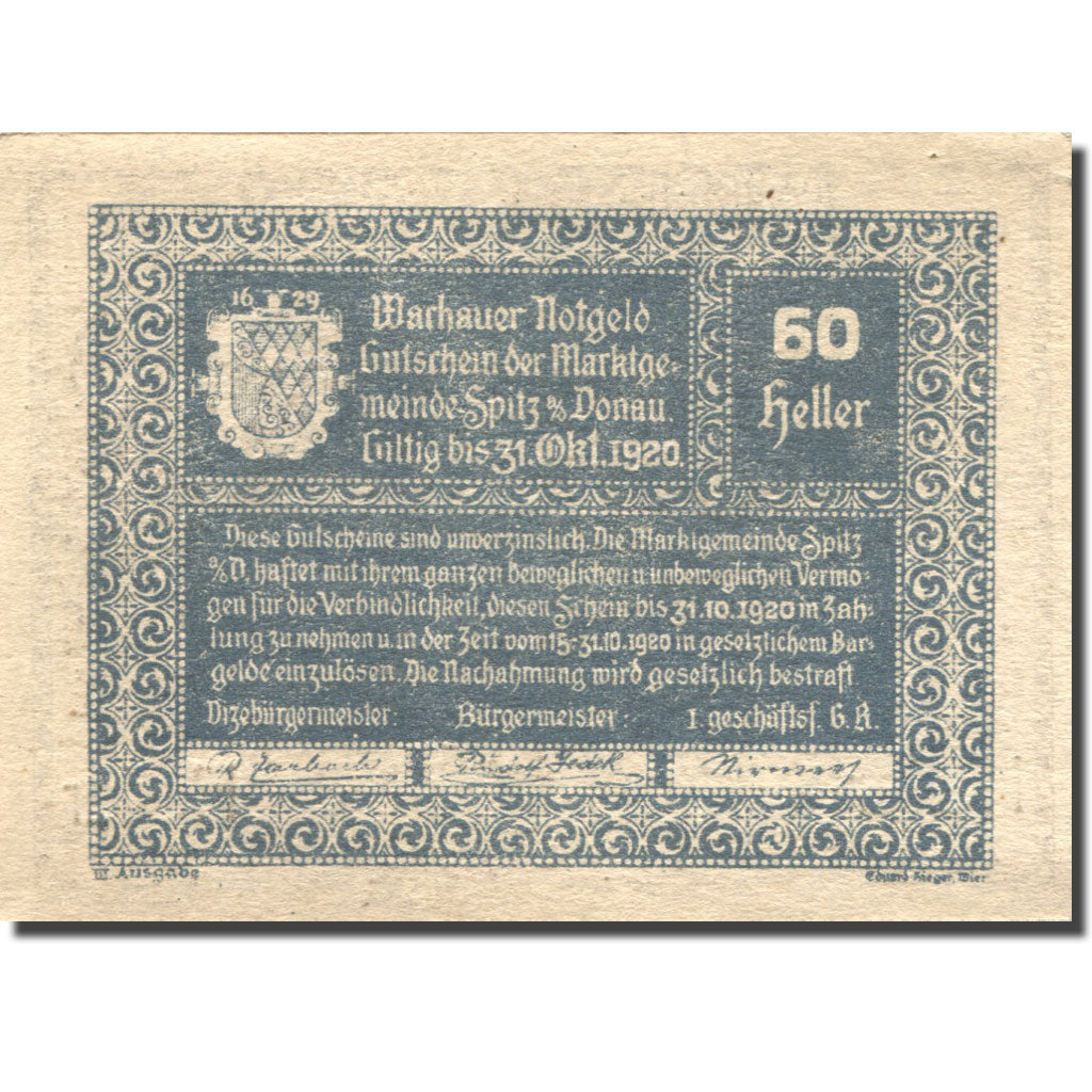 Banconote, Austria, Spitz a/d Donau 50 Heller, village, 1920 SPL Mehl:FS 1122.12