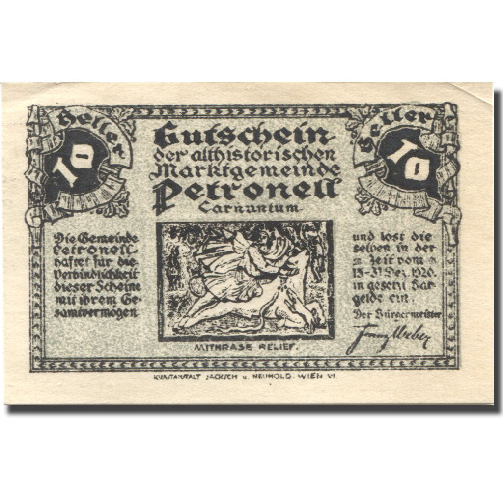 Billet, Autriche, Petroneu, 10 Heller, personnage, 1920 SPL Mehl:FS 737a