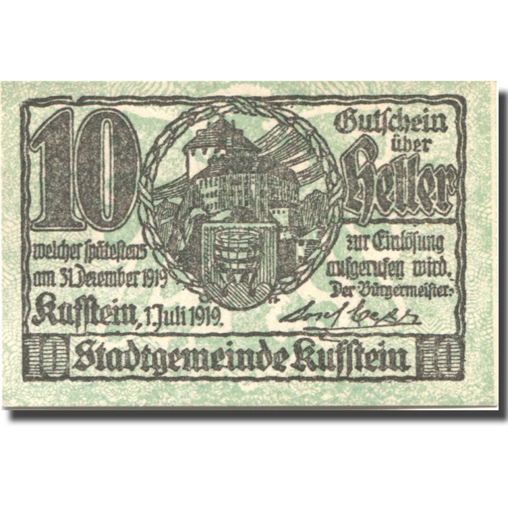 Banconote, Austria, Kufstein, 10 Heller, Blason 1919-12-31, SPL, Mehl:FS 491e