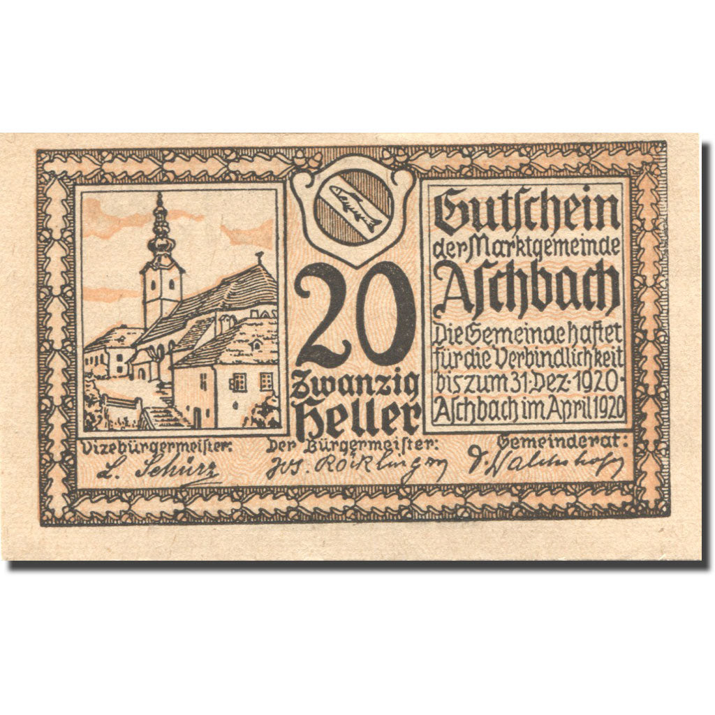 Banconote, Austria, Aschbach, 20 Heller, Eglise 1920-12-31, SPL, Mehl:FS 55a