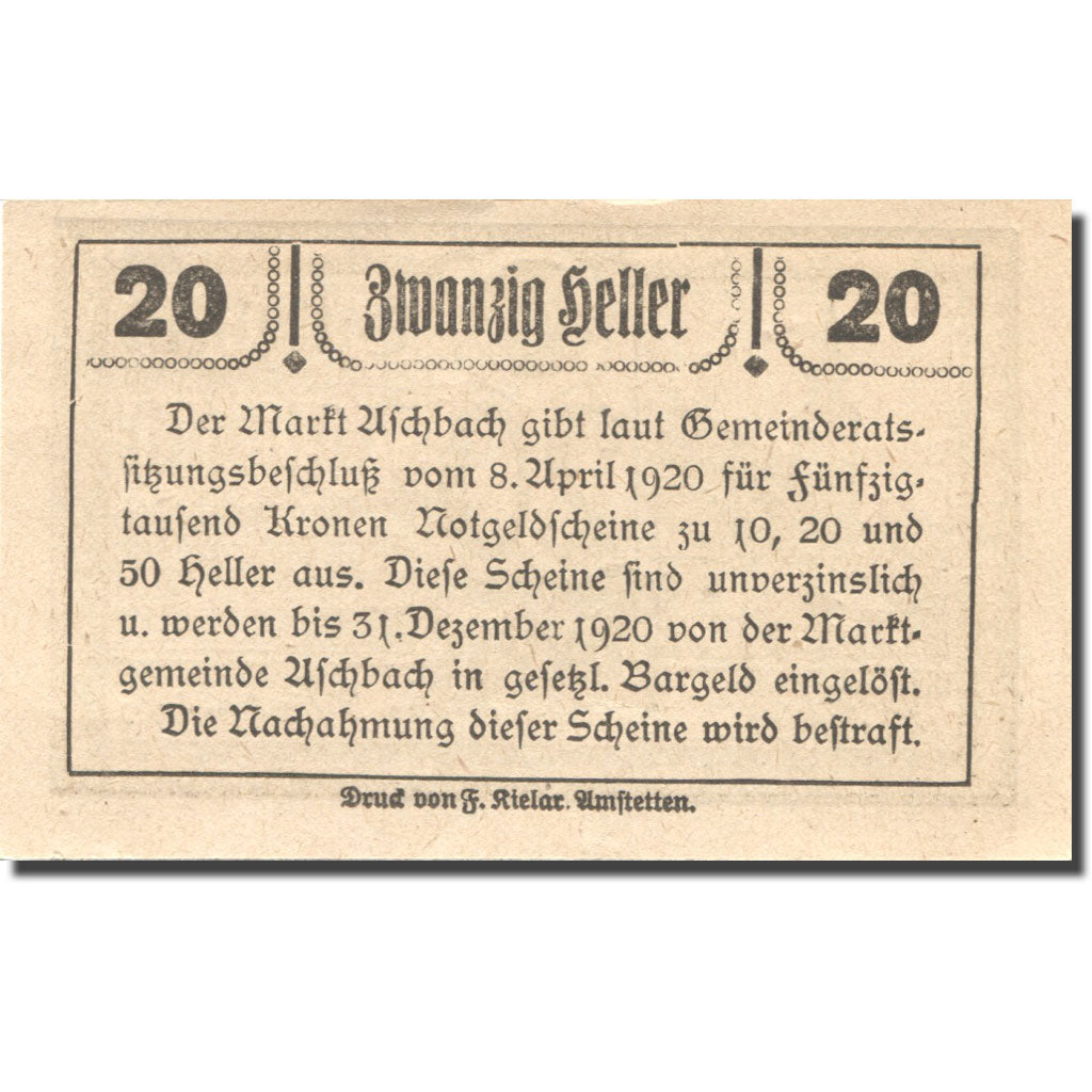 Banconote, Austria, Aschbach, 20 Heller, Eglise 1920-12-31, SPL, Mehl:FS 55a