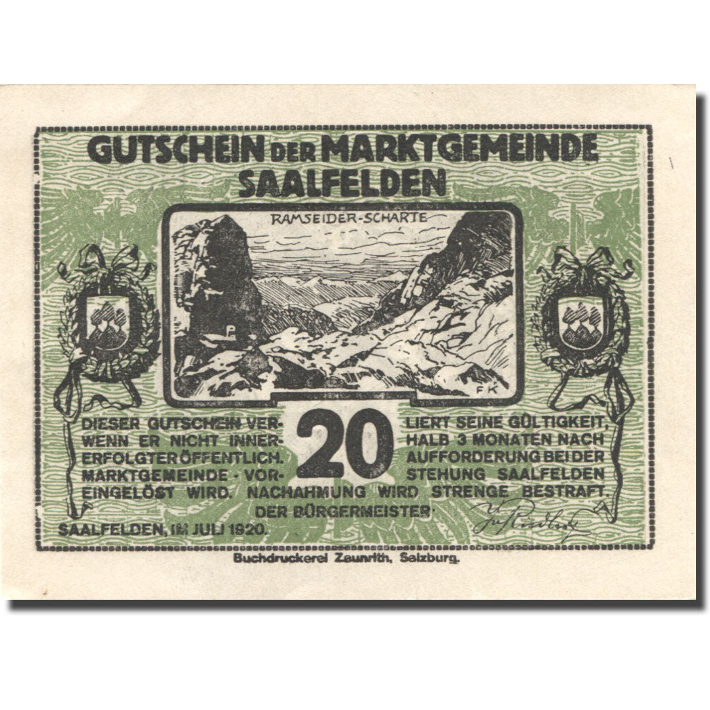 Banconote, Austria, Saalfelden, 20 Heller, montagne, 1920, SPL, Mehl:FS 859b