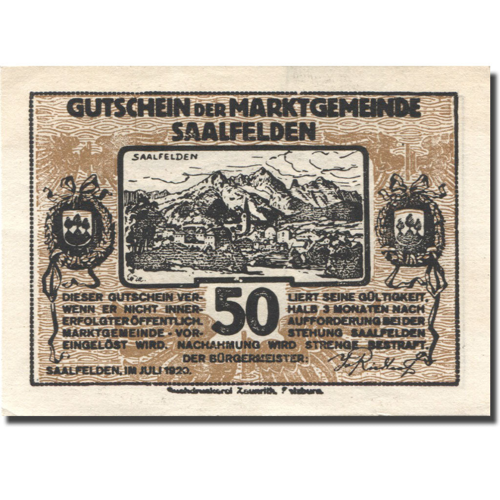 Banknote, Austria, Saalfelden, 50 Heller, village, 1920, UNC(63), Mehl:FS 859c