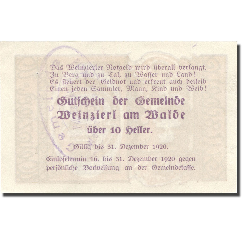 Banconote, Austria, Wienzierl, 10 Heller, ferme 1920-12-31, SPL, Mehl:FS 1152
