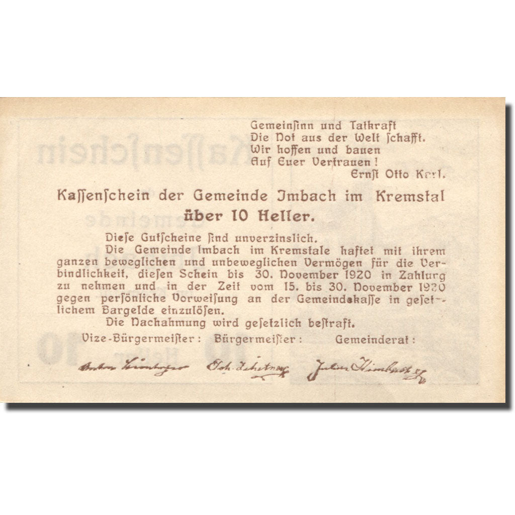 Banconote, Austria, Imbach, 10 Heller, Eglise 1920-11-30, SPL Mehl:FS 404Ib