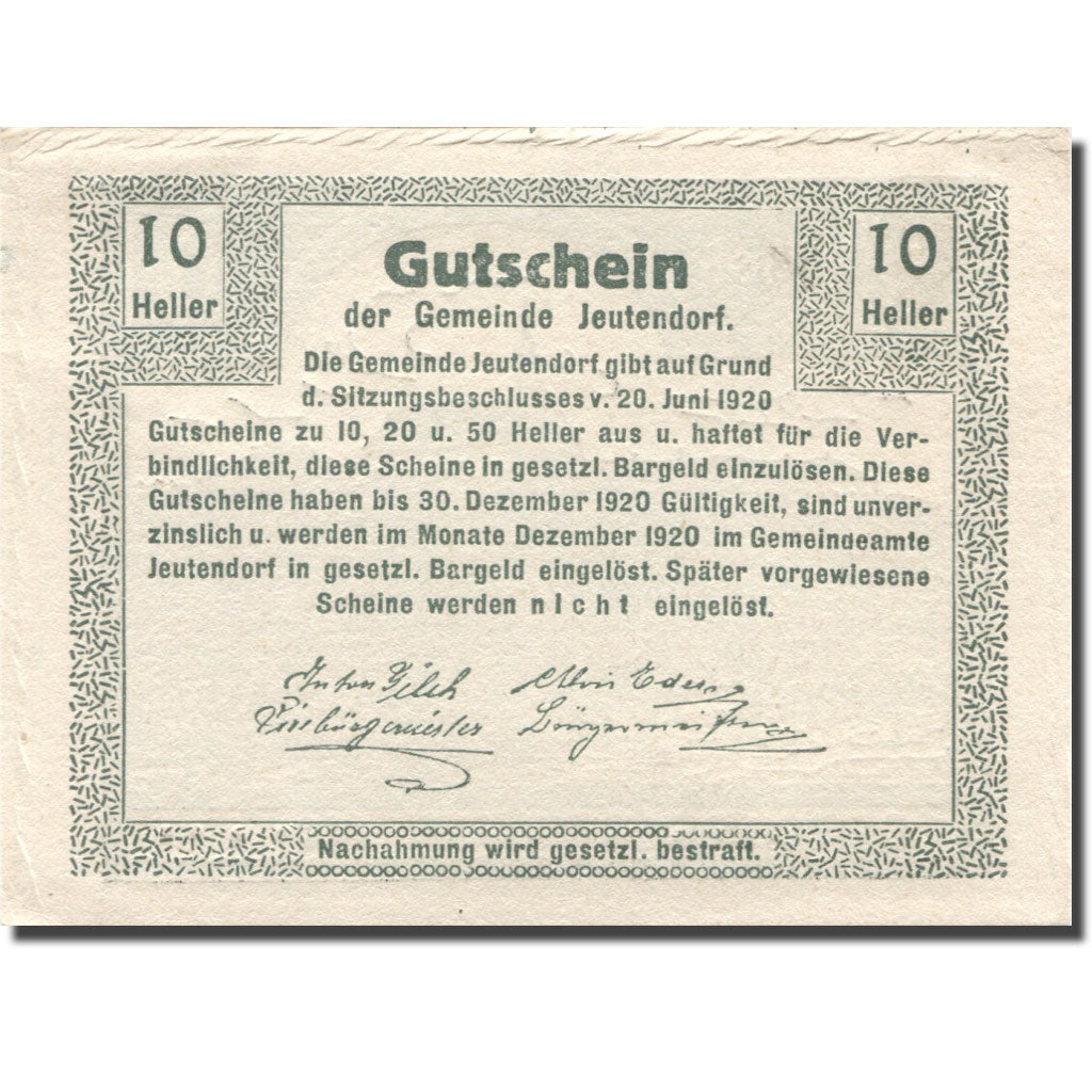 Banknote, Austria, Jeutendorf, 10 Heller, Eglise, 1920 AU(55-58) Mehl:FS 418b
