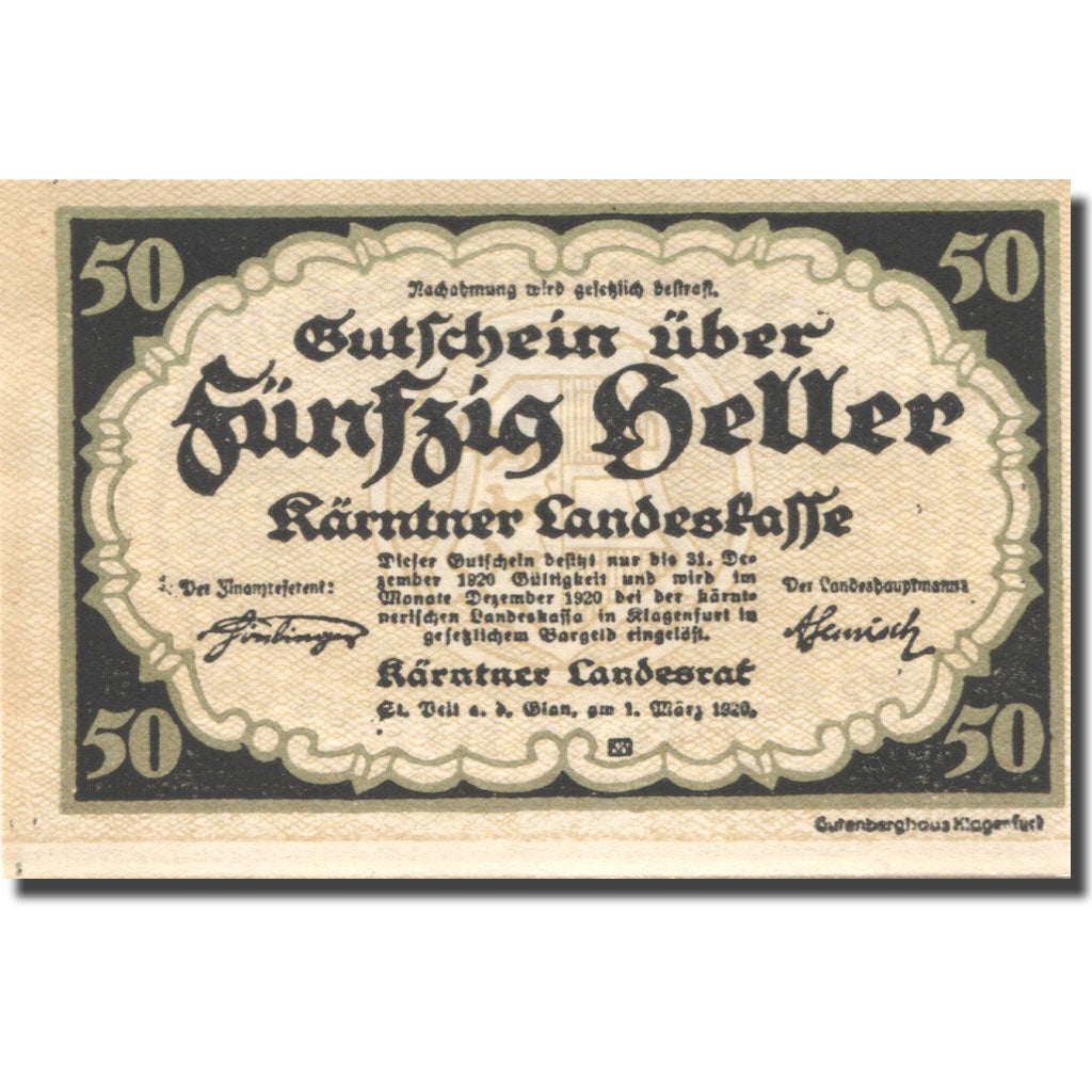 Banknote, Austria, Landesrat, 50 Heller, Blason, 1920 UNC(63) Mehl:FS 427