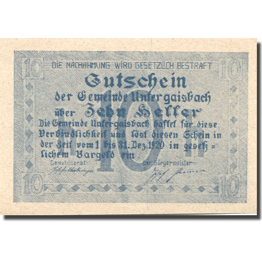 Banknote, Austria, Untergaisbach, 10 Heller, château, 1920 UNC(63) Mehl:FS 1094b