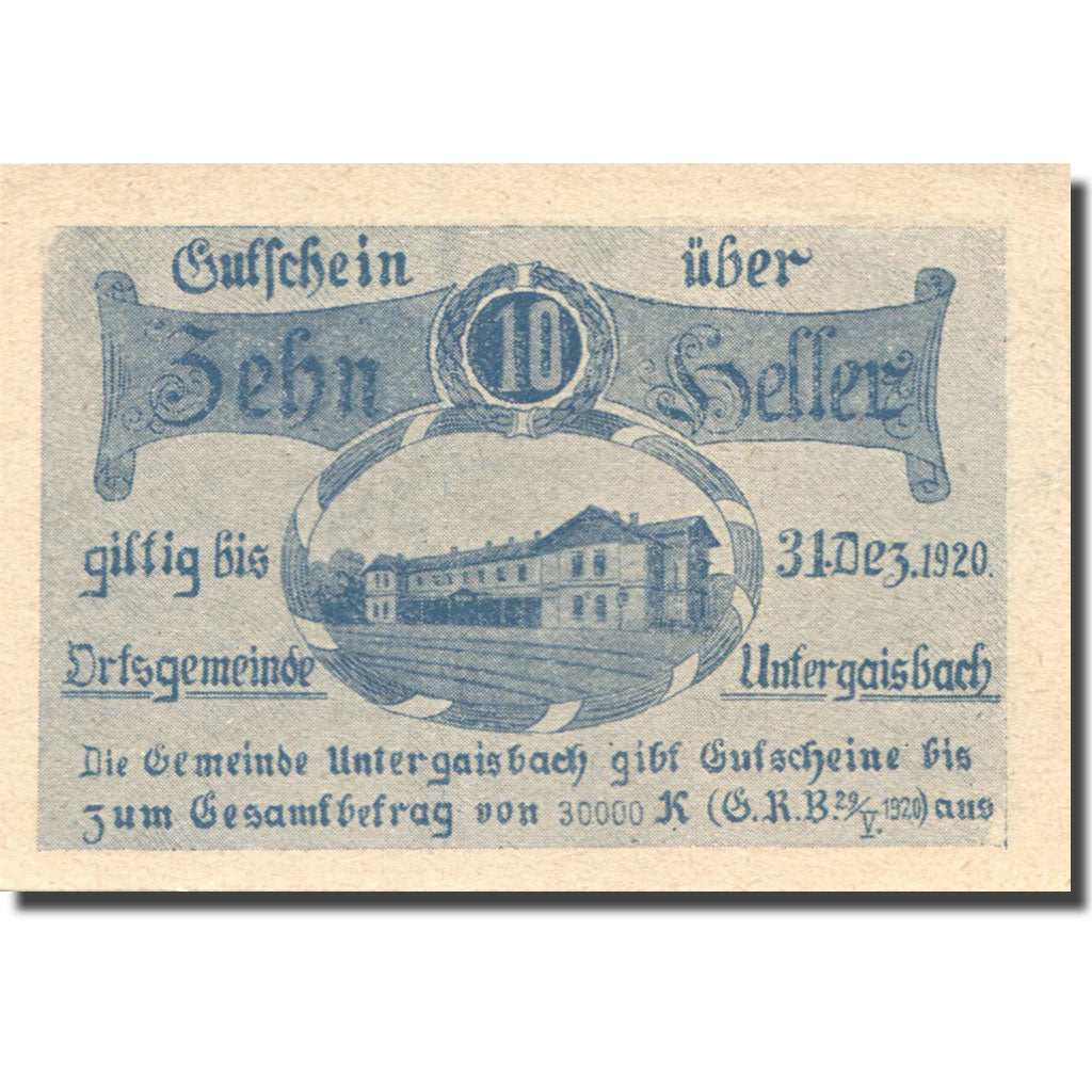 Banknote, Austria, Untergaisbach, 10 Heller, château, 1920 UNC(63) Mehl:FS 1094b