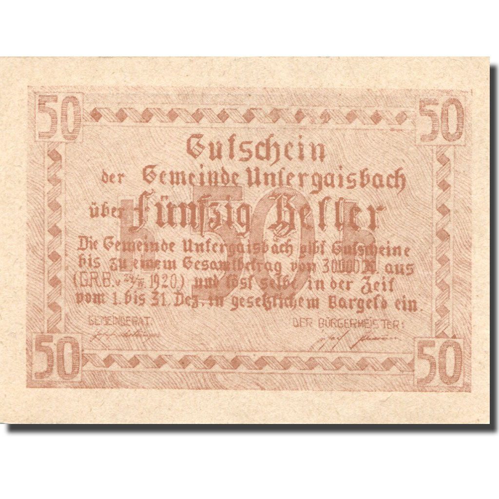 Banknote, Austria Untergaisbach 50 Heller agriculteur 1920 UNC(63) Mehl:FS 1094a
