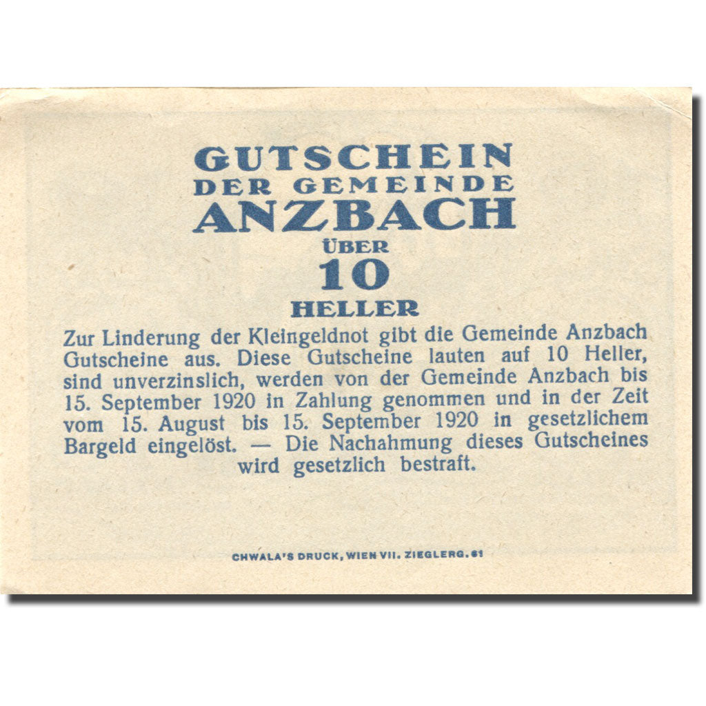 Banknote, Austria, Anzbach, 10 Heller, Eglise, 1920 UNC(63) Mehl:FS 48IAa