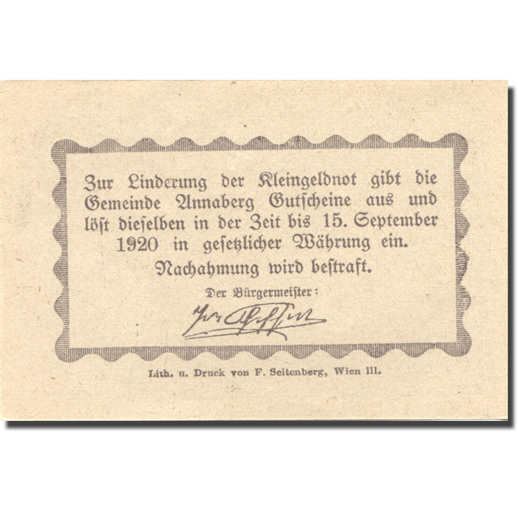 Banknote, Austria, Annaberg, 50 Heller, village, 1920 blue UNC(63) Mehl:FS 44a