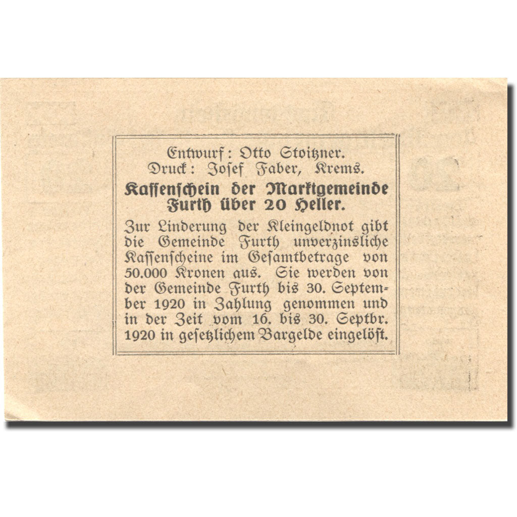 Billet, Autriche, Furth, 20 Heller, village 1920-09-30, SPL Mehl:FS 214aB