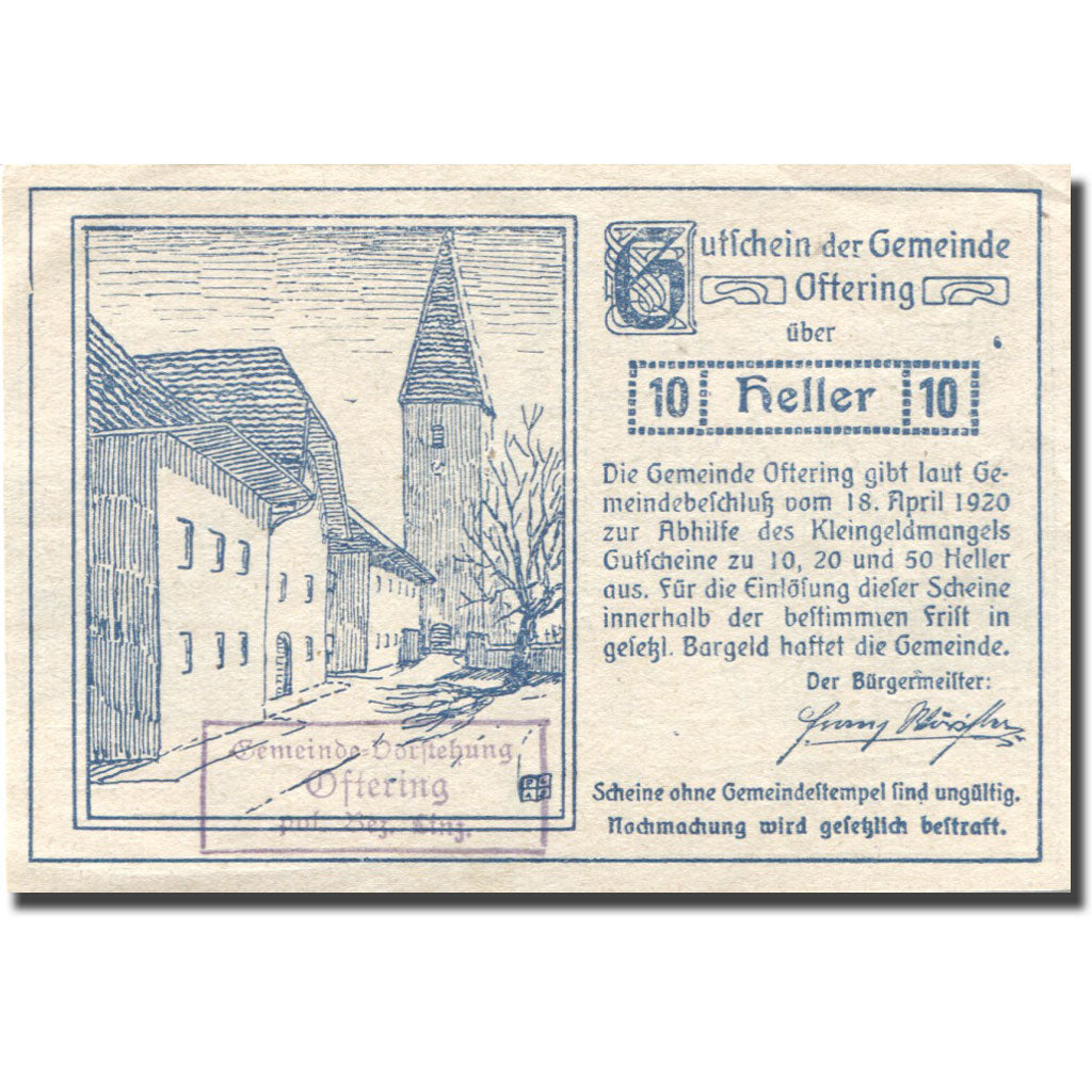 Banknote, Austria, Oftering, 10 Heller, Eglise, 1920 UNC(63) Mehl:FS 706c