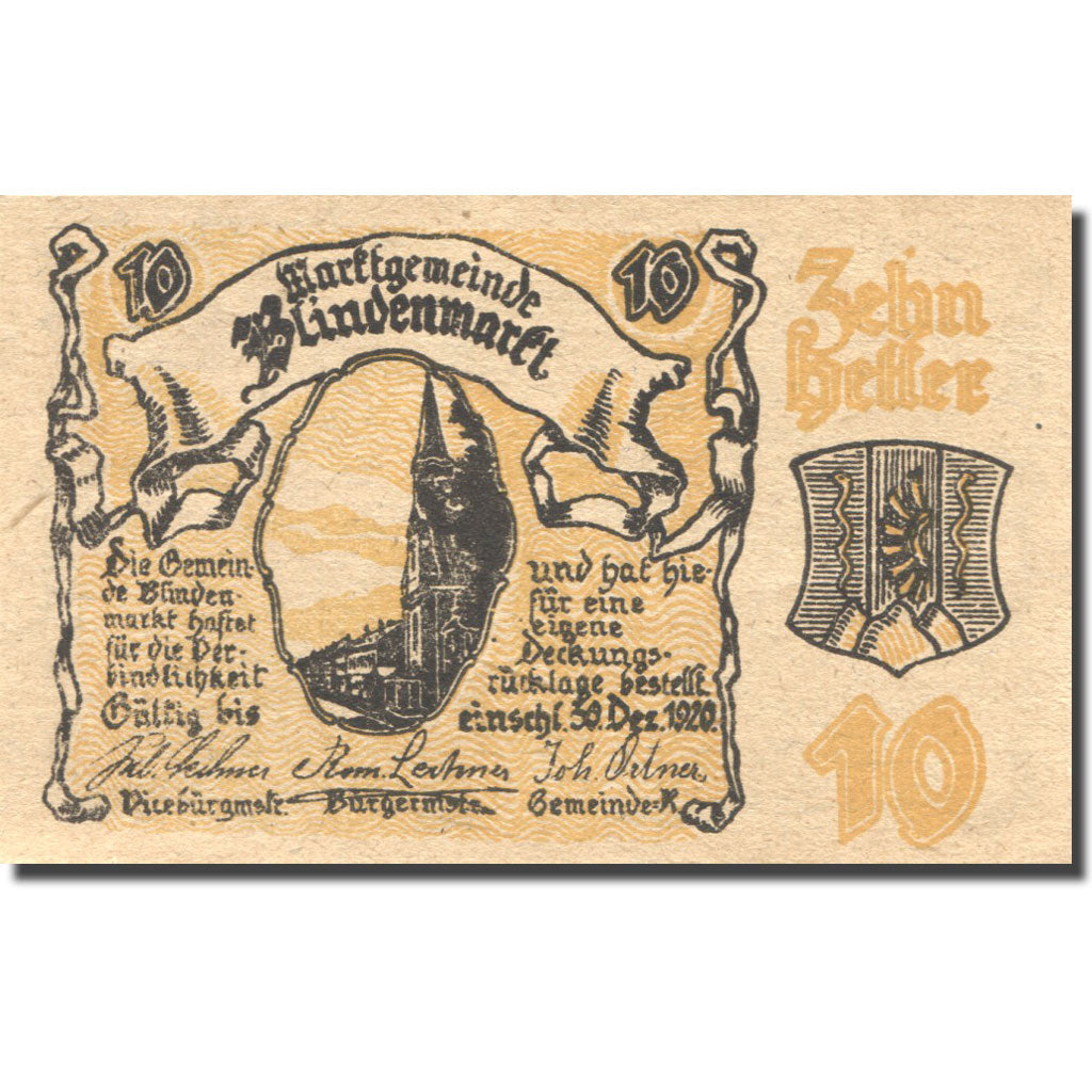 Banknote, Austria, Blindenmarkt, 10 Heller, Eglise, 1920 UNC(63) Mehl:FS 93IIa