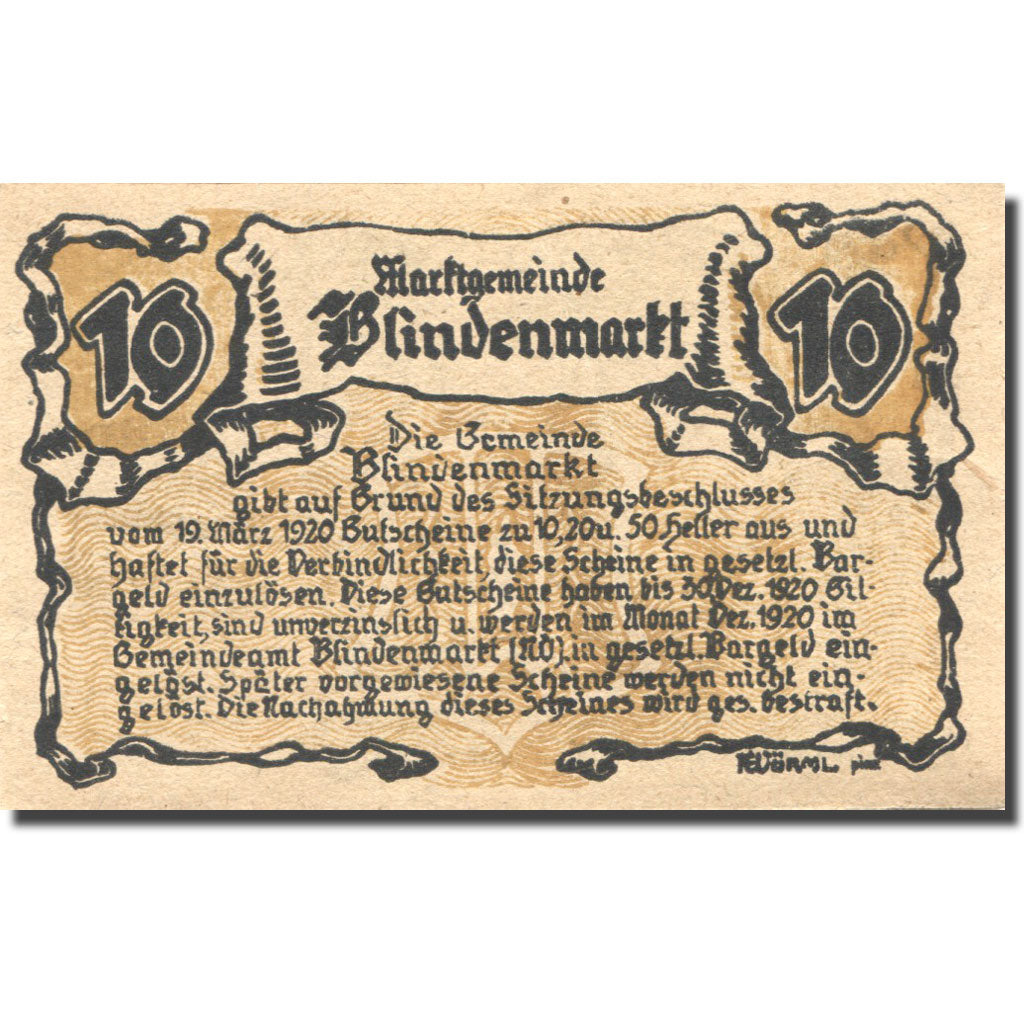 Banknote, Austria, Blindenmarkt, 10 Heller, Eglise, 1920 UNC(63) Mehl:FS 93IIa