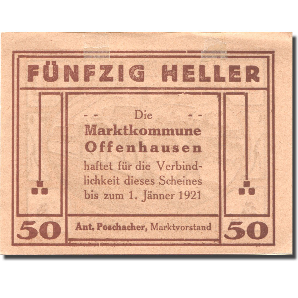Banknote, Austria, Offenhausen, 50 Heller, agriculteur 1921 UNC(63) Mehl:FS 705a