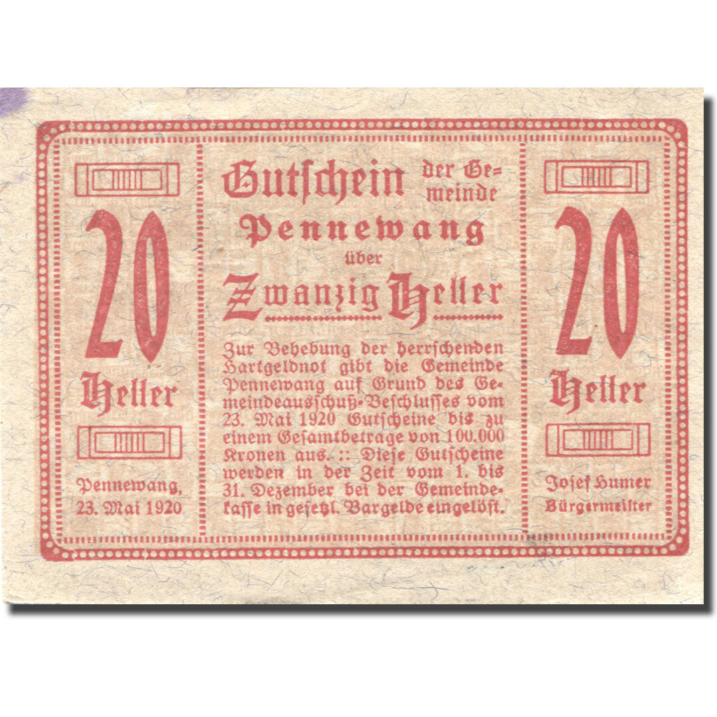 Banknote, Austria, Pennewang, 20 Heller, épis, 1920 UNC(63) Mehl:FS 727b