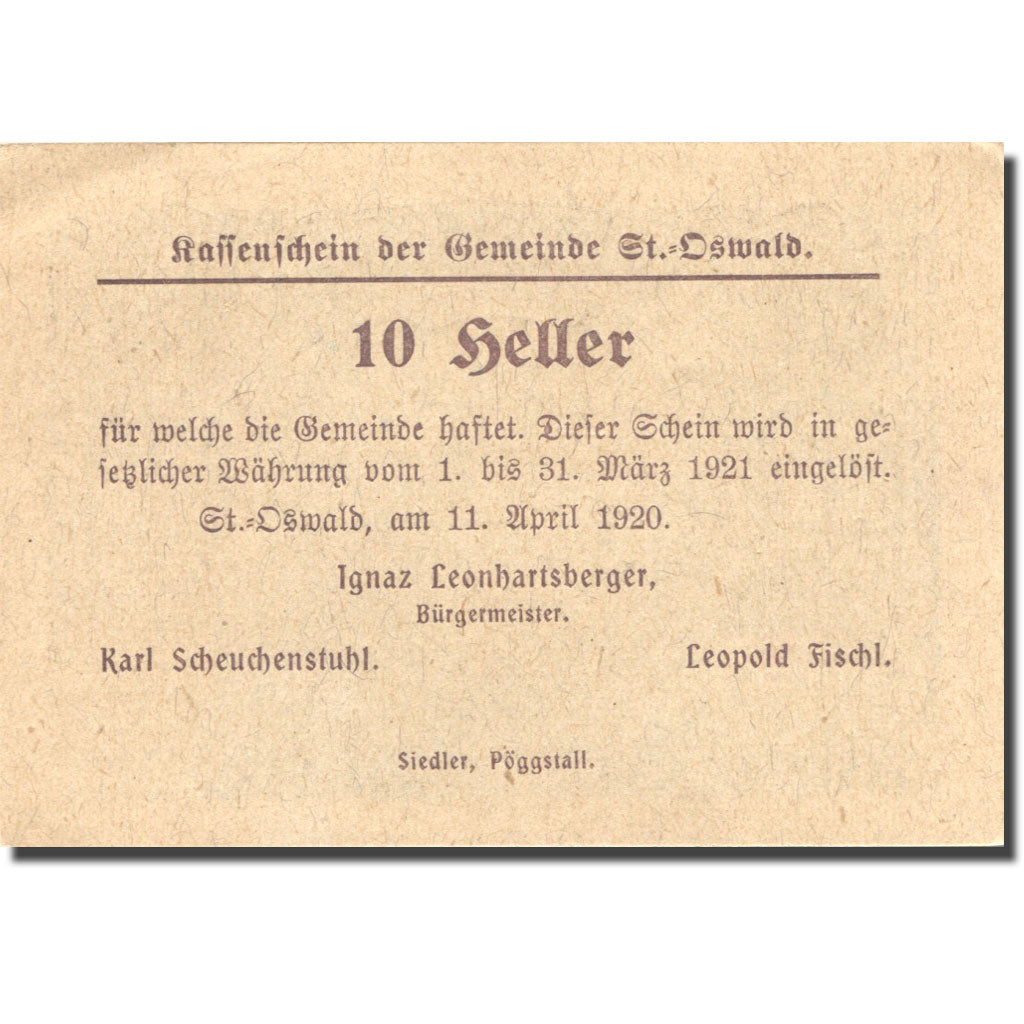 Banknote, Austria, St Oswald, 10 Heller, village, 1921 UNC(63) Mehl:FS 915a