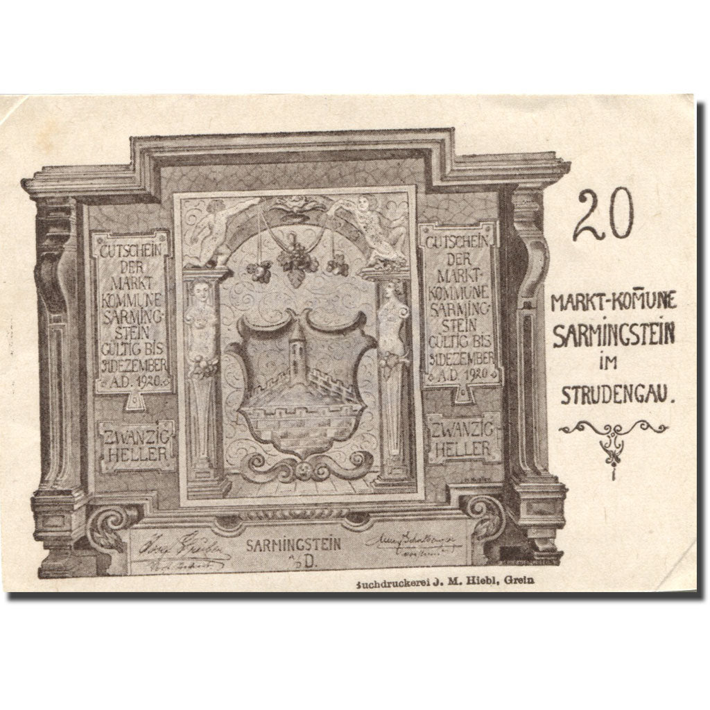 Banknote, Austria, Sarmingstein, 20 Heller, Monument, 1920 UNC(63) Mehl:FS 914Ib