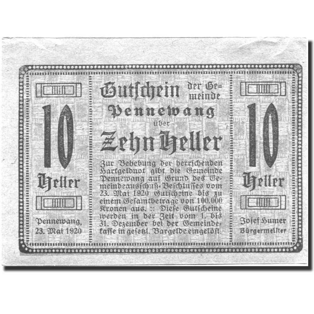 Banknote, Austria, Pennewang, 10 Heller, épi 1, 1920 blue UNC(63) Mehl:FS 727a